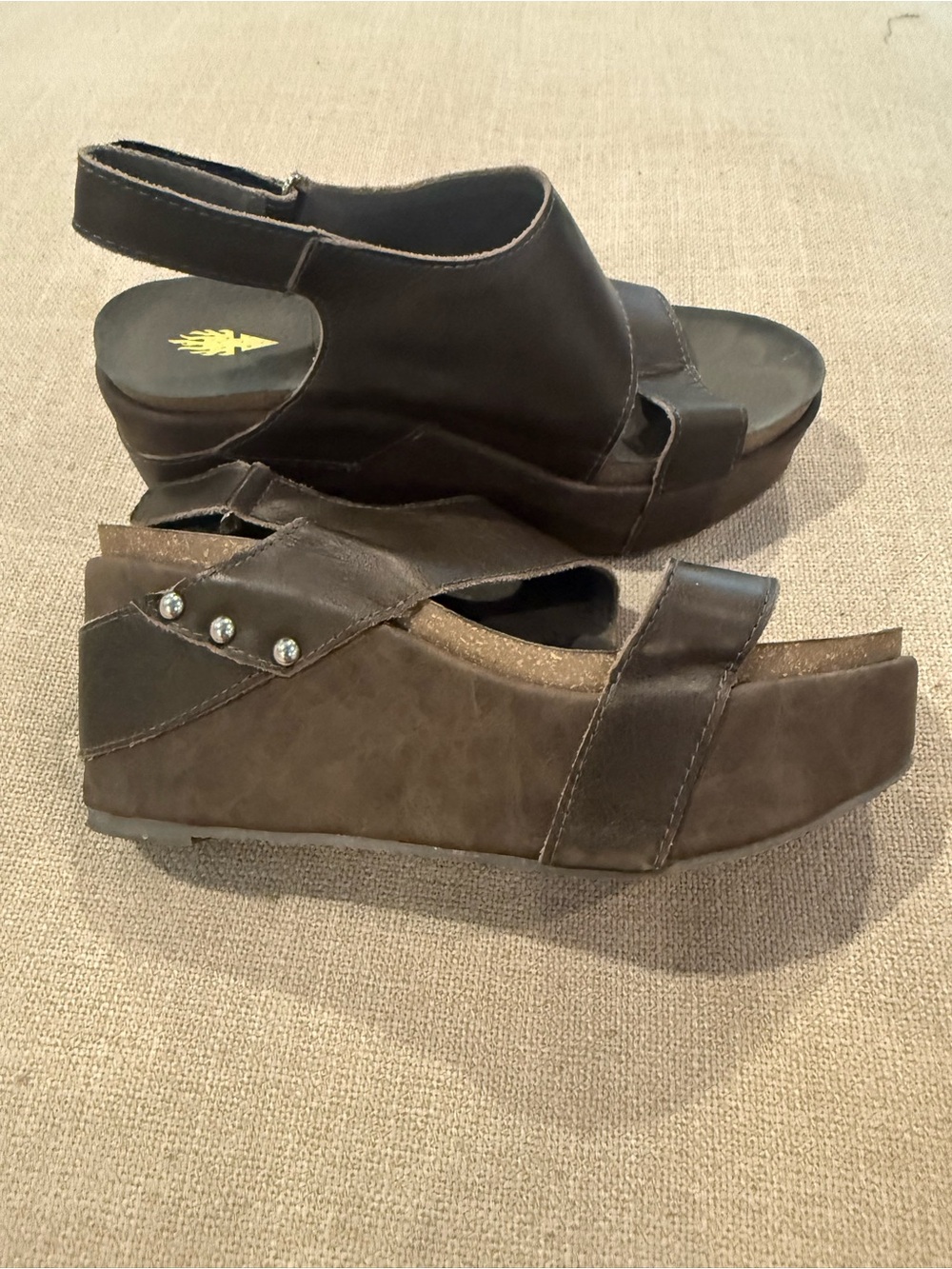 Volatile Brown Platform Wedge Sandals with Stud Accents